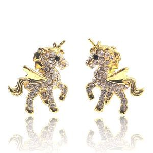 Gold Tone Round White and Black Crystal Unicorn Stud Earrings